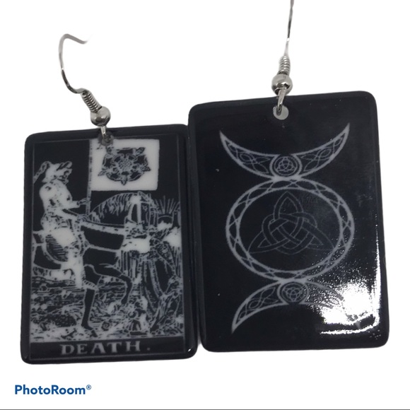 DEATH BLACK TAROT CARD EARRINGS GOTH WICCA GYPSY - Picture 2 of 4
